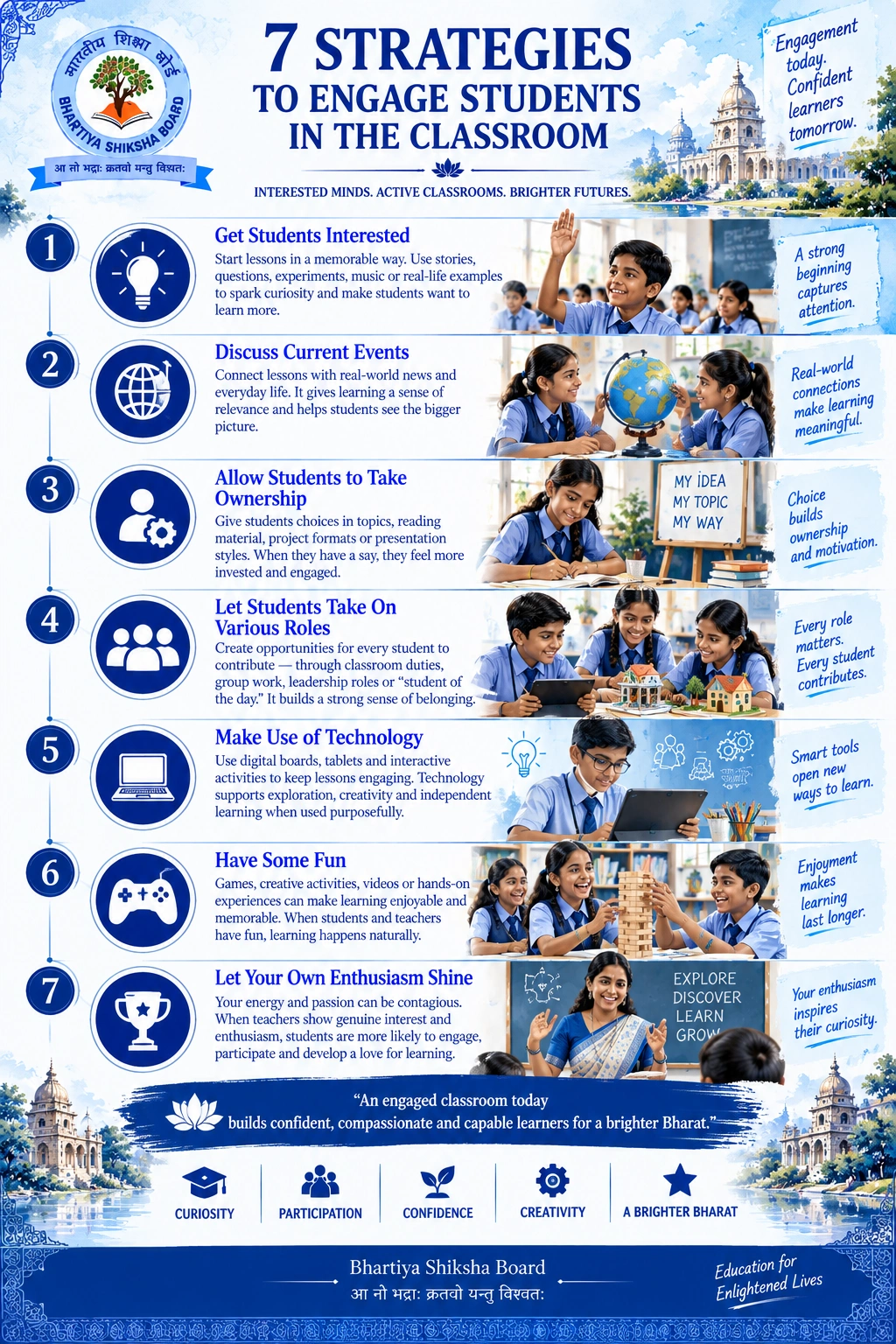 Seven strategies to engage students: interest, current events, ownership, classroom roles, technology, fun and teacher enthusiasm